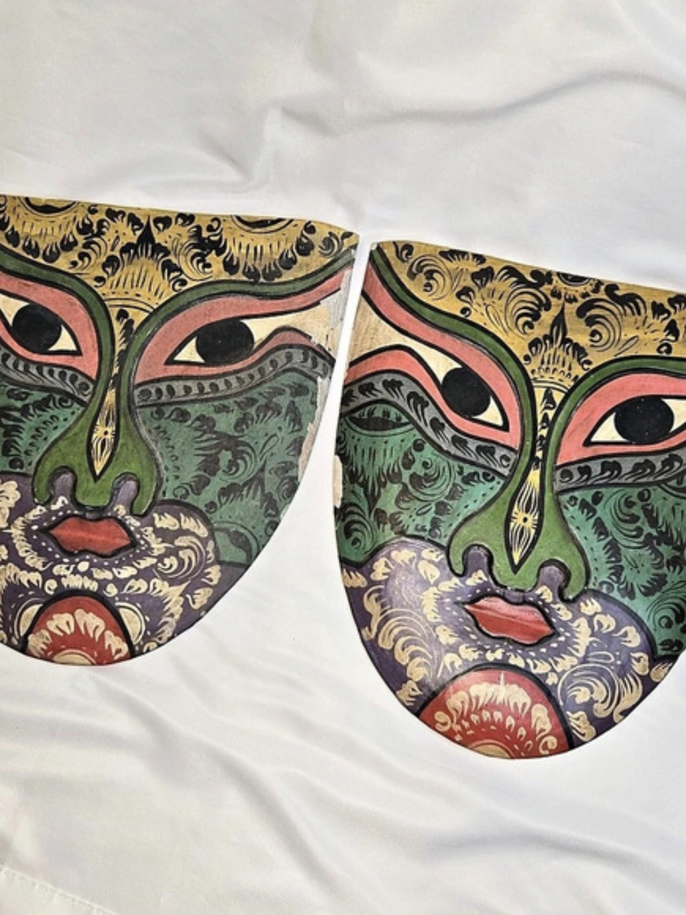 Two (2) Indonesian Batik Wood Masks Folk Art 12" x 11" Set Vintage